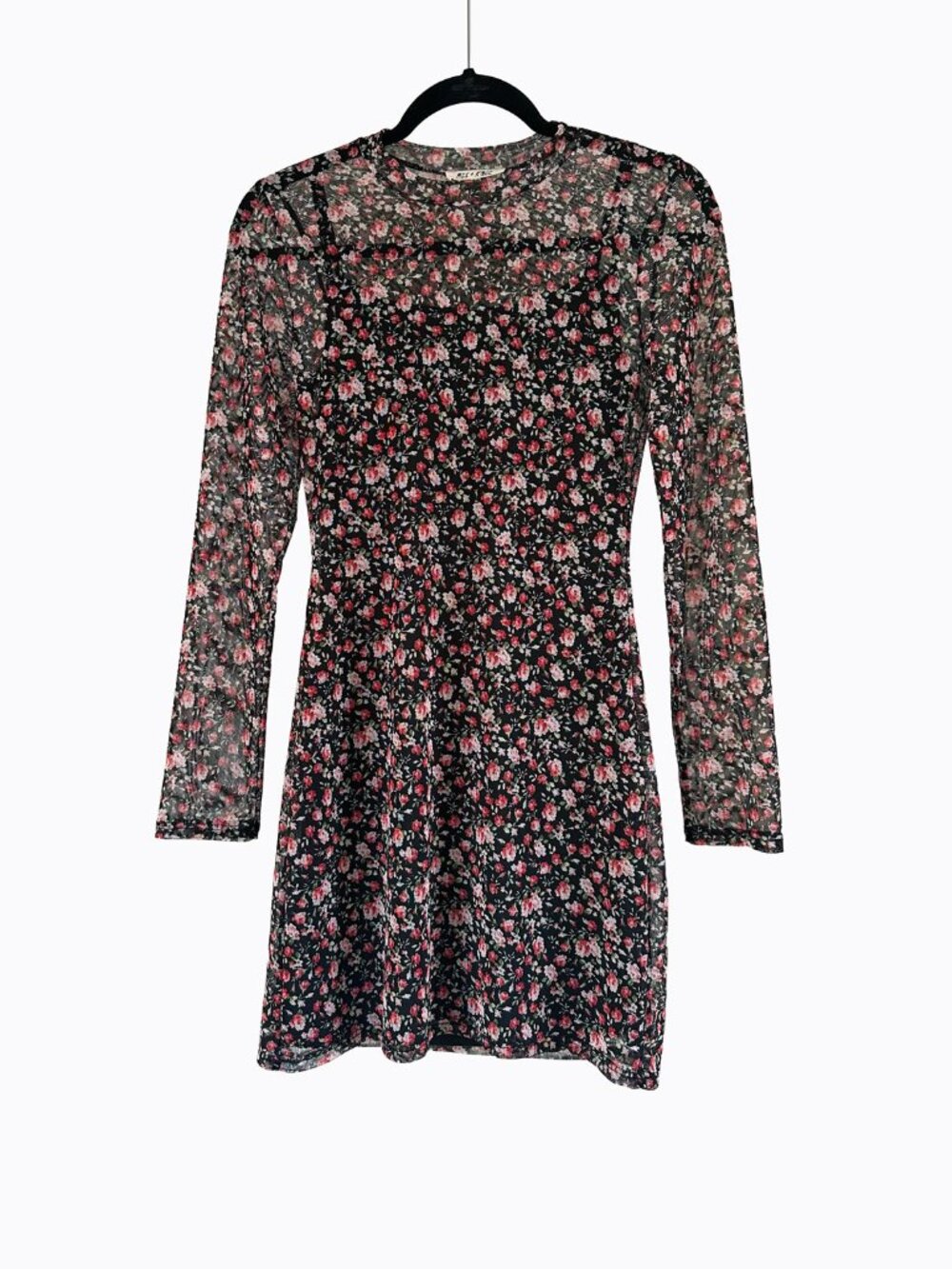 Vtg Mel+Rose Mesh Floral Dress S Black Sheer Sleeve Mock Neck Whimsigoth Y2K 90s